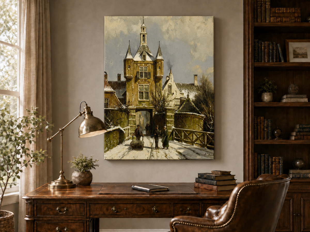 Peinture à l'huile de paysage - Porte d'une ville européenne enneigée