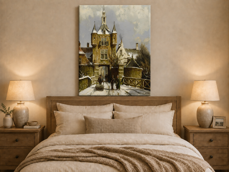 Peinture à l'huile de paysage - Porte d'une ville européenne enneigée