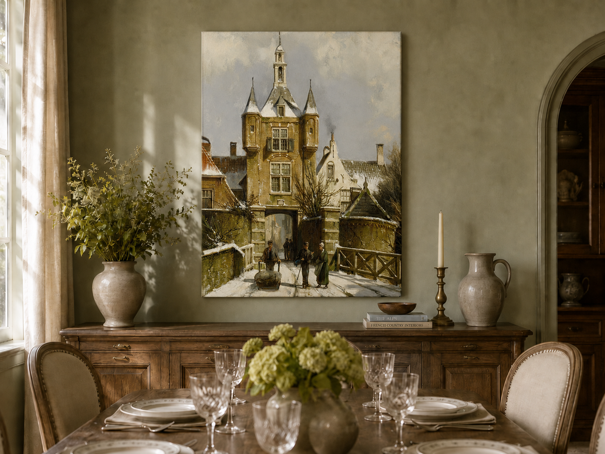 Peinture à l'huile de paysage - Porte d'une ville européenne enneigée