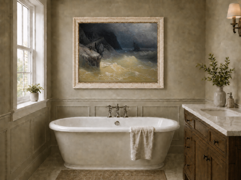 Landscape Oil Painting - Stormy Sea Coast Shipwreck Distance