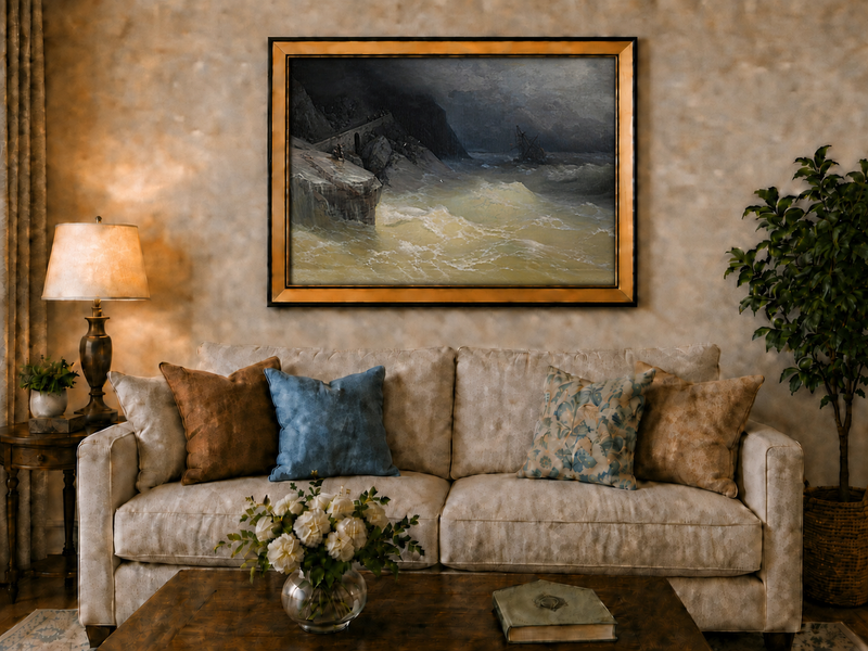 Landscape Oil Painting - Stormy Sea Coast Shipwreck Distance