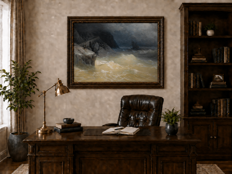 Landscape Oil Painting - Stormy Sea Coast Shipwreck Distance