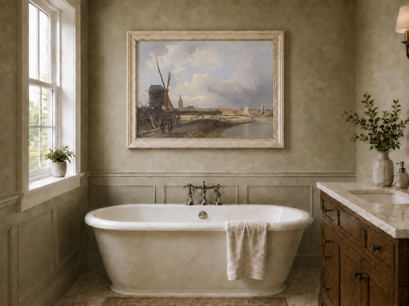 Landscape Oil Painting - Hand-Painted Dutch Windmill Canal View