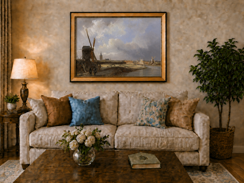 Landscape Oil Painting - Hand-Painted Dutch Windmill Canal View
