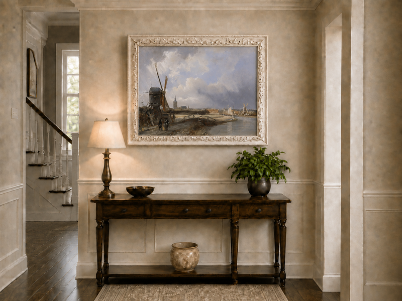Landscape Oil Painting - Hand-Painted Dutch Windmill Canal View