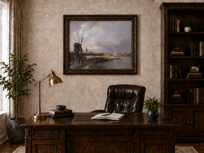 Landscape Oil Painting - Hand-Painted Dutch Windmill Canal View