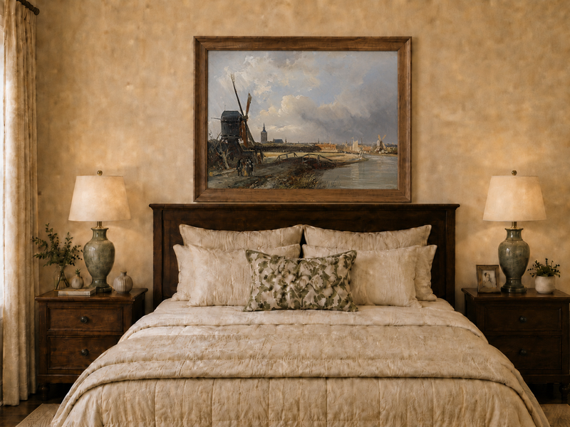 Landscape Oil Painting - Hand-Painted Dutch Windmill Canal View