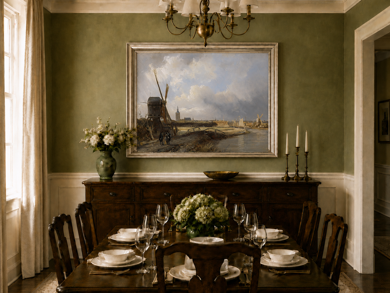 Landscape Oil Painting - Hand-Painted Dutch Windmill Canal View