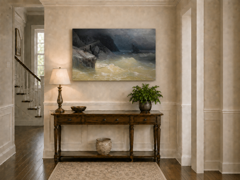 Landscape Oil Painting - Stormy Sea Coast Shipwreck Distance