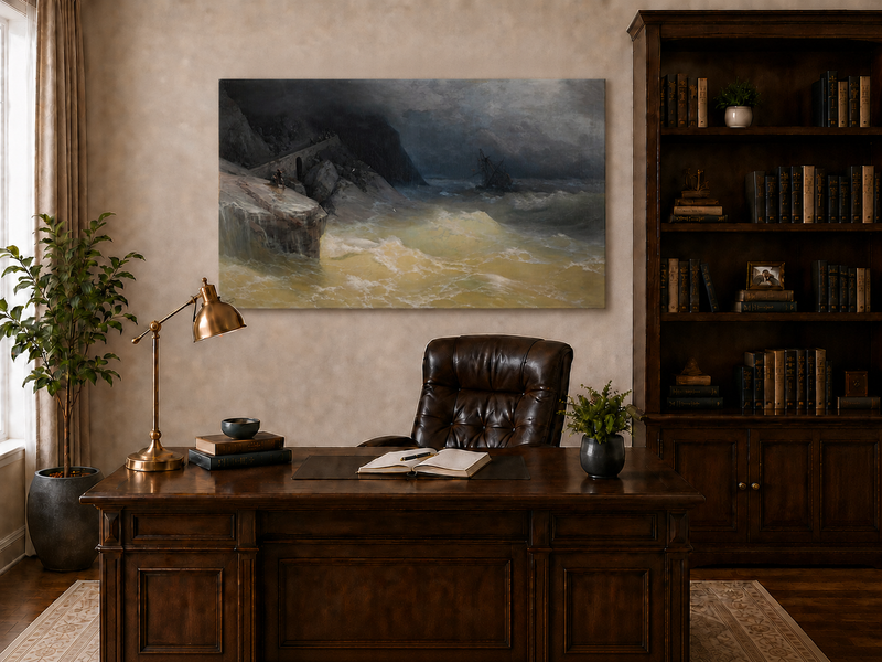 Landscape Oil Painting - Stormy Sea Coast Shipwreck Distance