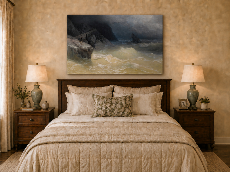 Landscape Oil Painting - Stormy Sea Coast Shipwreck Distance