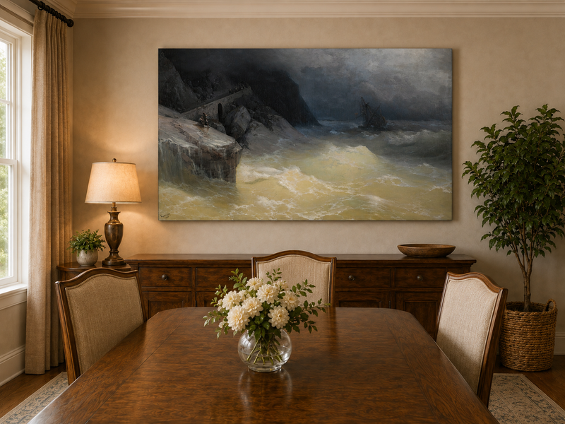 Landscape Oil Painting - Stormy Sea Coast Shipwreck Distance