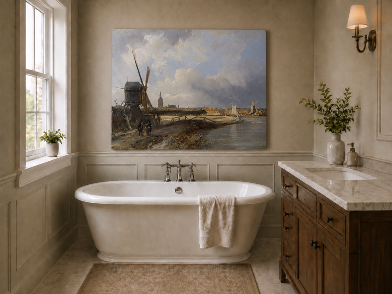 Landscape Oil Painting - Hand-Painted Dutch Windmill Canal View