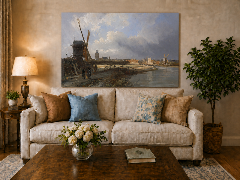 Landscape Oil Painting - Hand-Painted Dutch Windmill Canal View