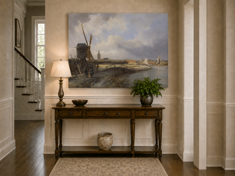 Landscape Oil Painting - Hand-Painted Dutch Windmill Canal View