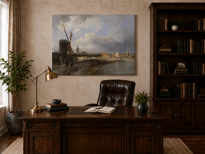 Landscape Oil Painting - Hand-Painted Dutch Windmill Canal View