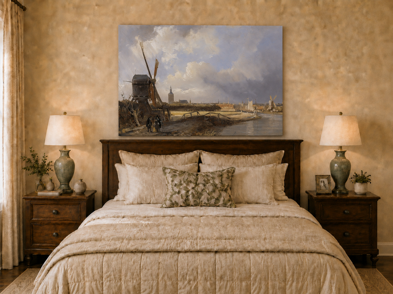 Landscape Oil Painting - Hand-Painted Dutch Windmill Canal View