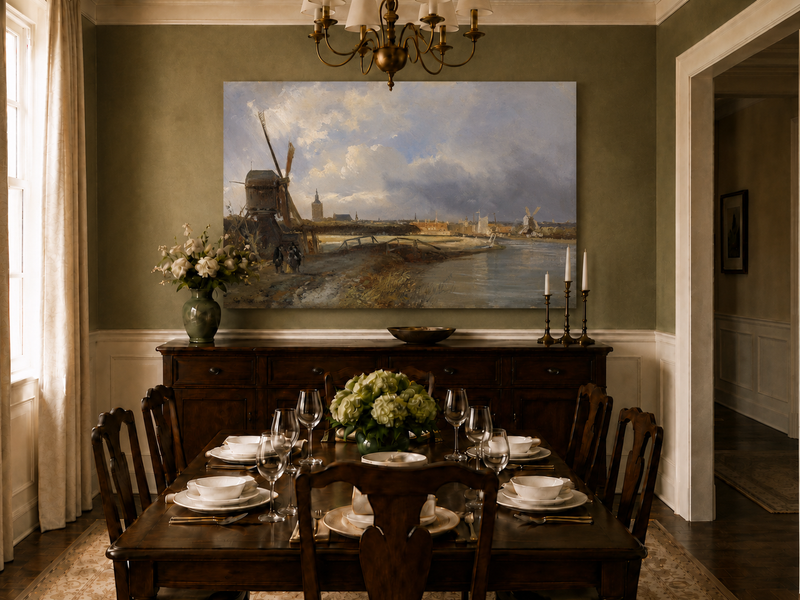 Landscape Oil Painting - Hand-Painted Dutch Windmill Canal View