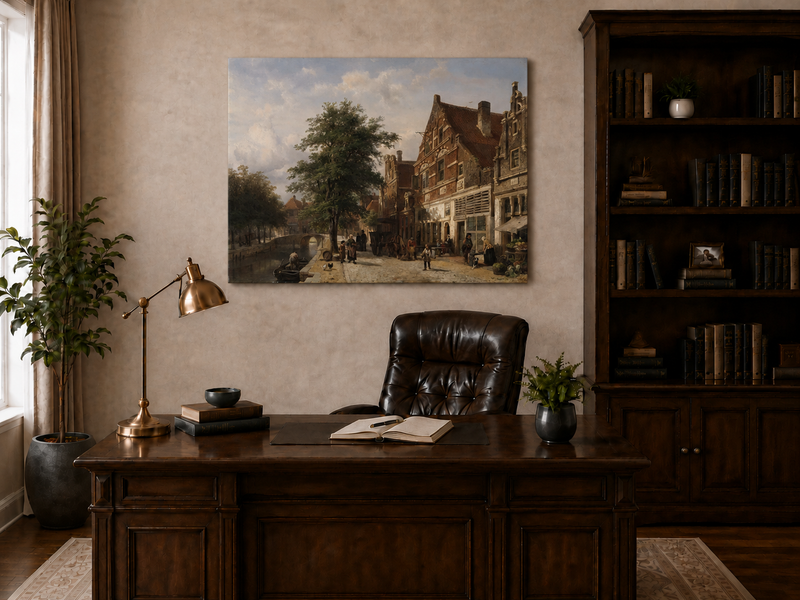 Peinture à l'huile de paysage - Village côtier avec phare et coucher de soleil