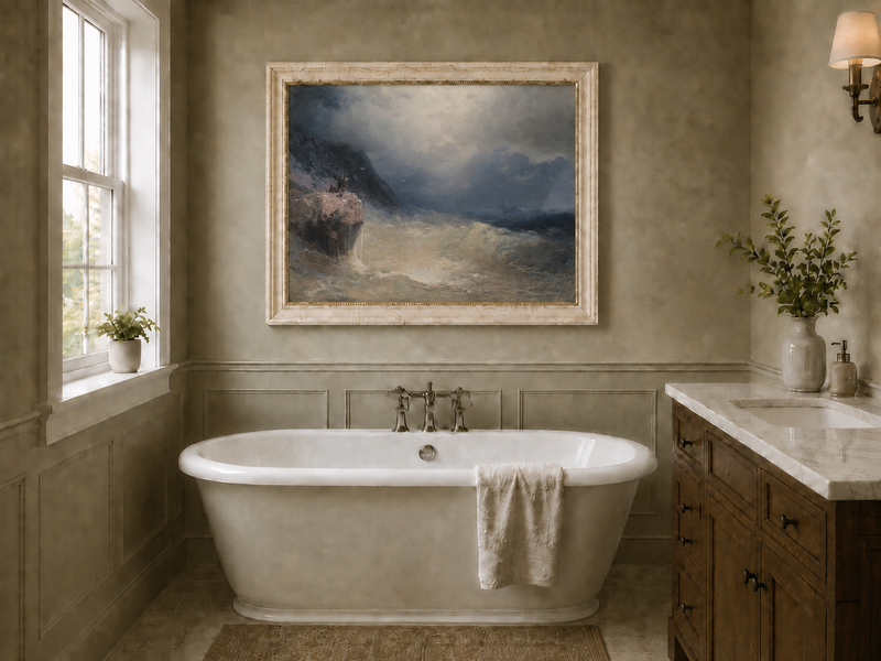 Landscape Oil Painting - Stormy Sea Cliffs, Crashing Waves