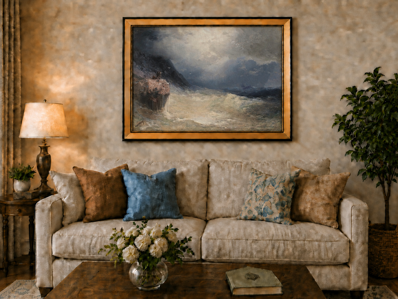 Landscape Oil Painting - Stormy Sea Cliffs, Crashing Waves
