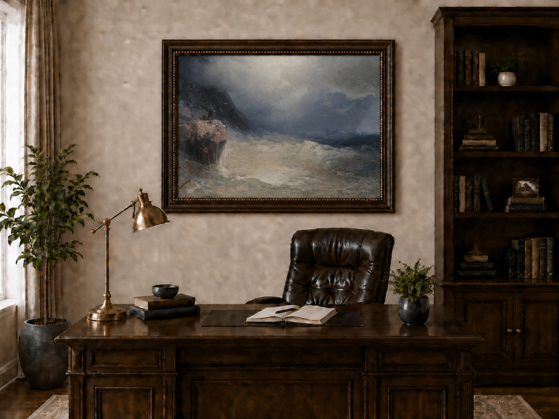 Landscape Oil Painting - Stormy Sea Cliffs, Crashing Waves