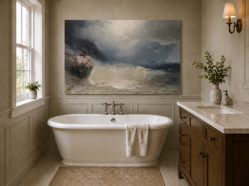 Landscape Oil Painting - Stormy Sea Cliffs, Crashing Waves
