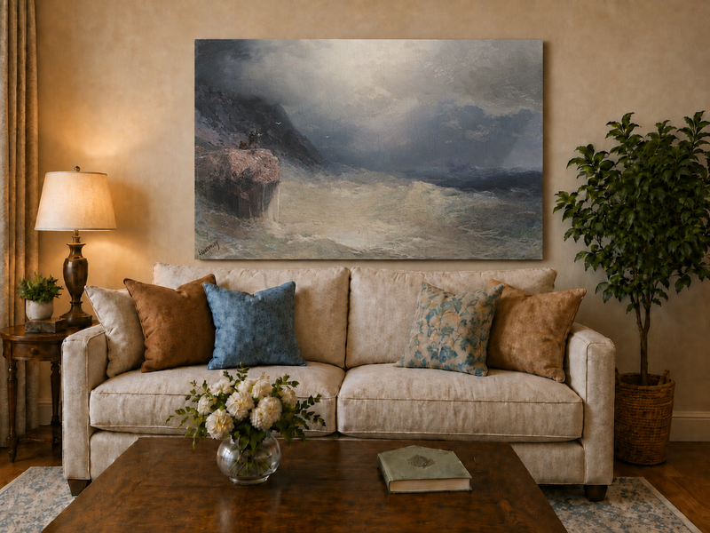 Landscape Oil Painting - Stormy Sea Cliffs, Crashing Waves