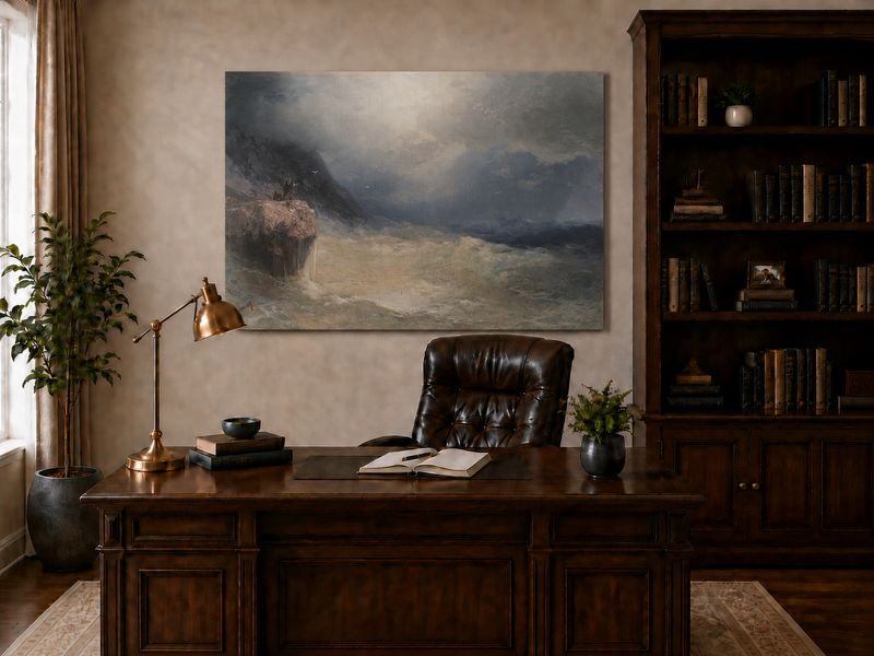 Landscape Oil Painting - Stormy Sea Cliffs, Crashing Waves