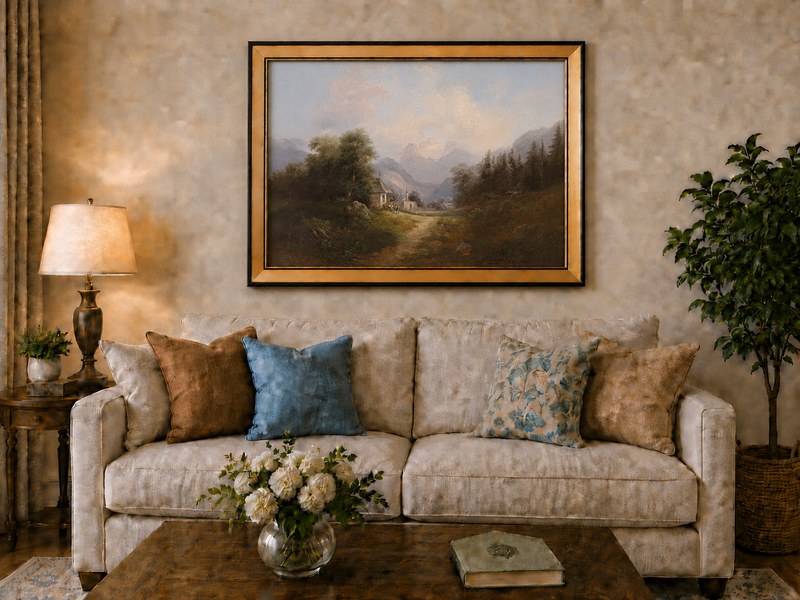 Peinture à l'huile de paysage - Village de montagne, sentier, chapelle et lointain