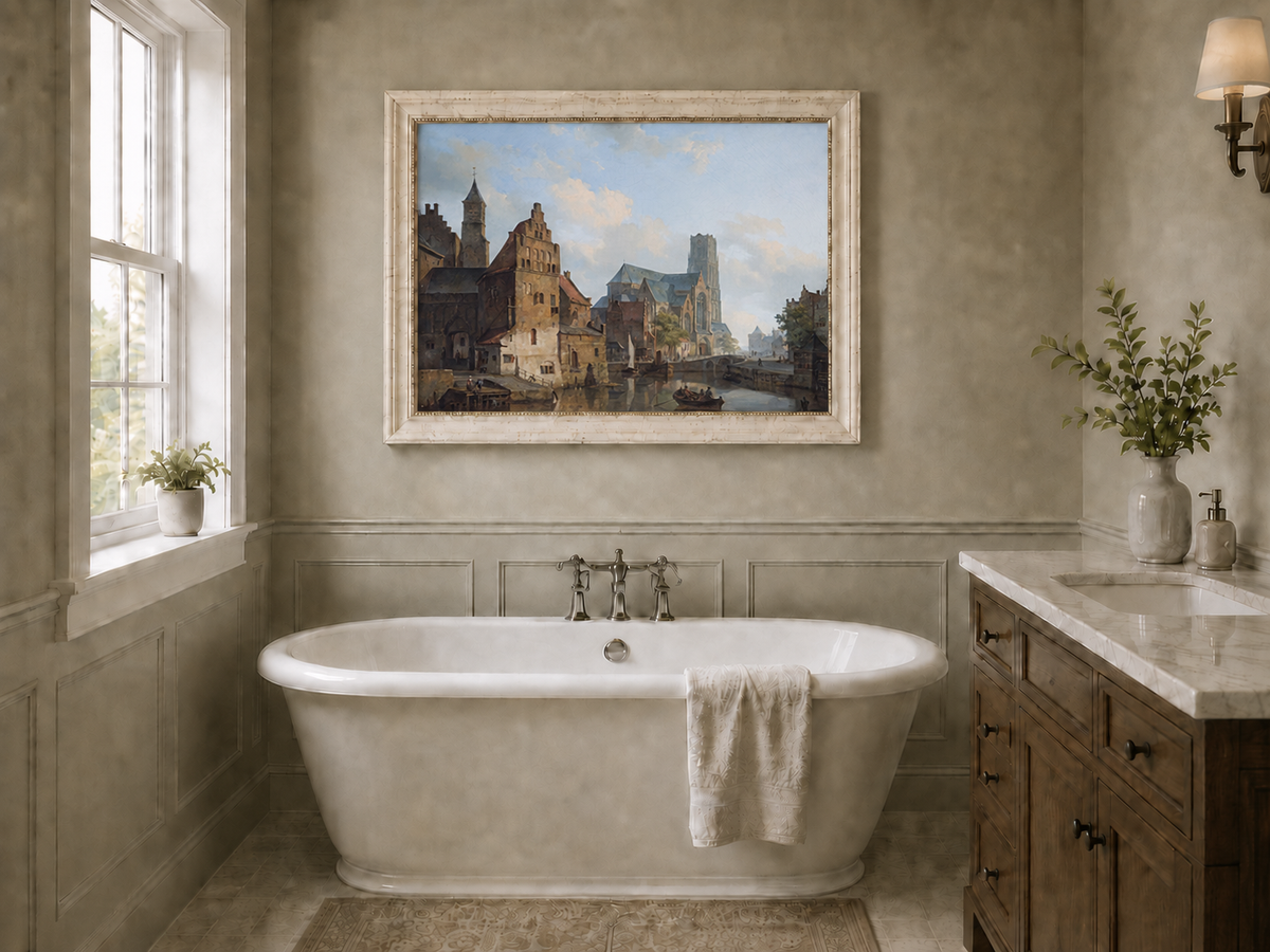 Landscape Oil Painting - Historic Riverside City Church & Boats
