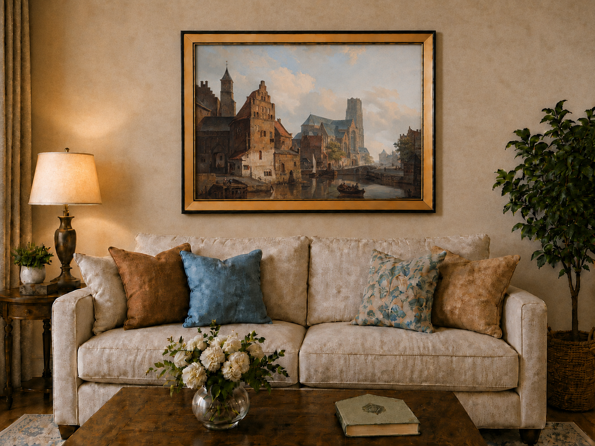 Landscape Oil Painting - Historic Riverside City Church & Boats