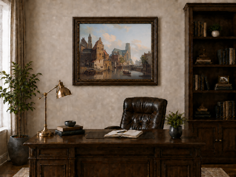 Landscape Oil Painting - Historic Riverside City Church & Boats