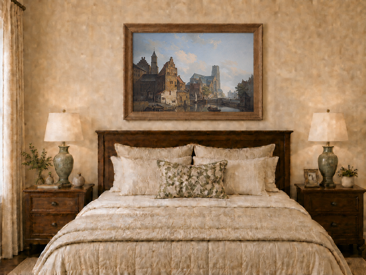 Landscape Oil Painting - Historic Riverside City Church & Boats