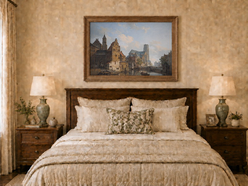 Landscape Oil Painting - Historic Riverside City Church & Boats