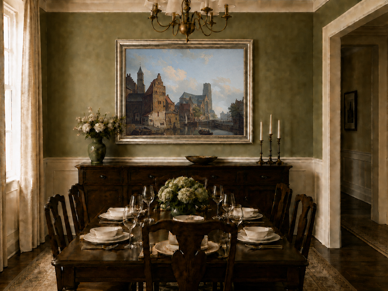 Landscape Oil Painting - Historic Riverside City Church & Boats