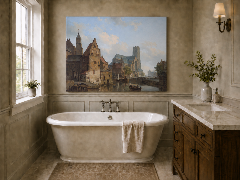 Landscape Oil Painting - Historic Riverside City Church & Boats