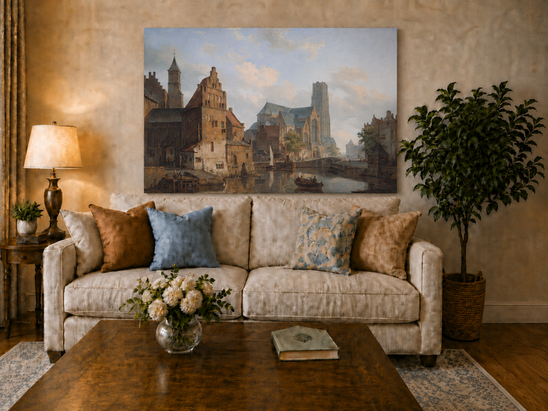 Landscape Oil Painting - Historic Riverside City Church & Boats