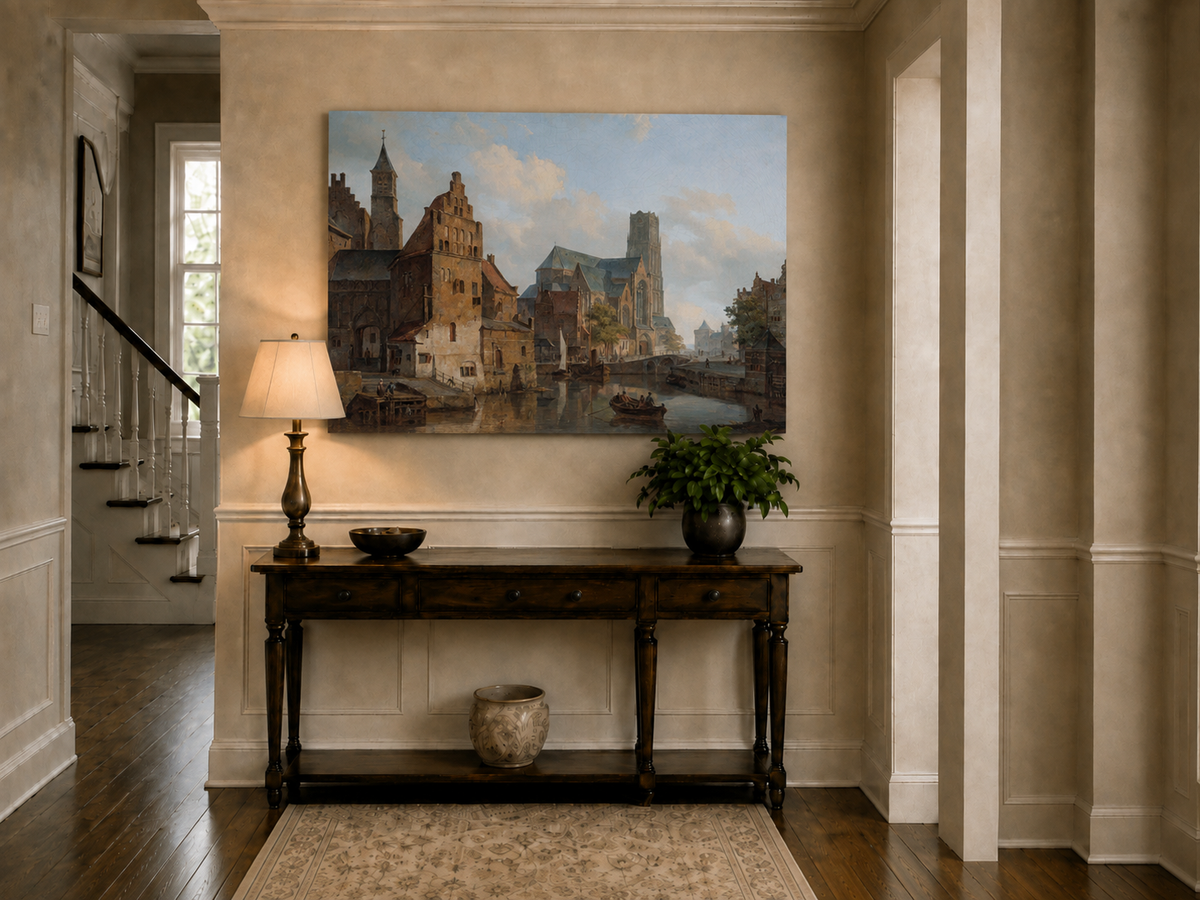 Landscape Oil Painting - Historic Riverside City Church & Boats