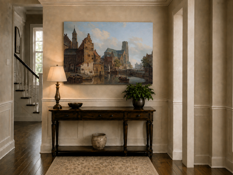 Landscape Oil Painting - Historic Riverside City Church & Boats