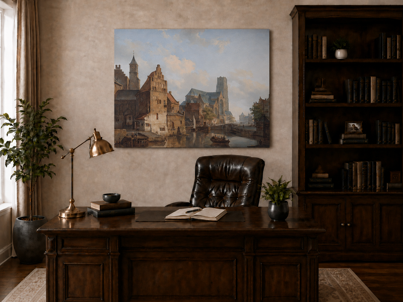 Landscape Oil Painting - Historic Riverside City Church & Boats