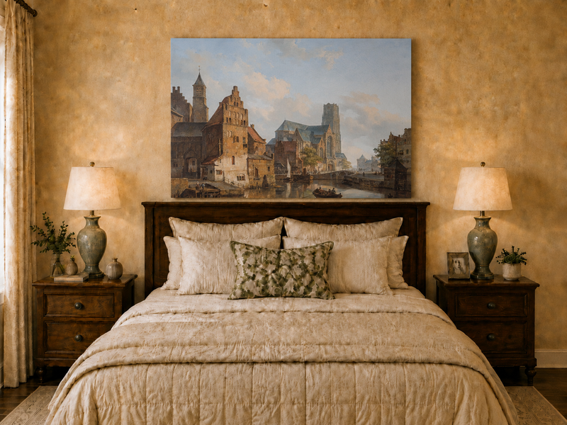 Landscape Oil Painting - Historic Riverside City Church & Boats
