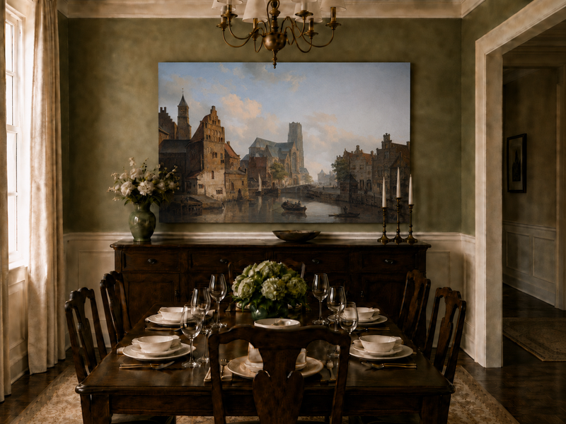 Landscape Oil Painting - Historic Riverside City Church & Boats