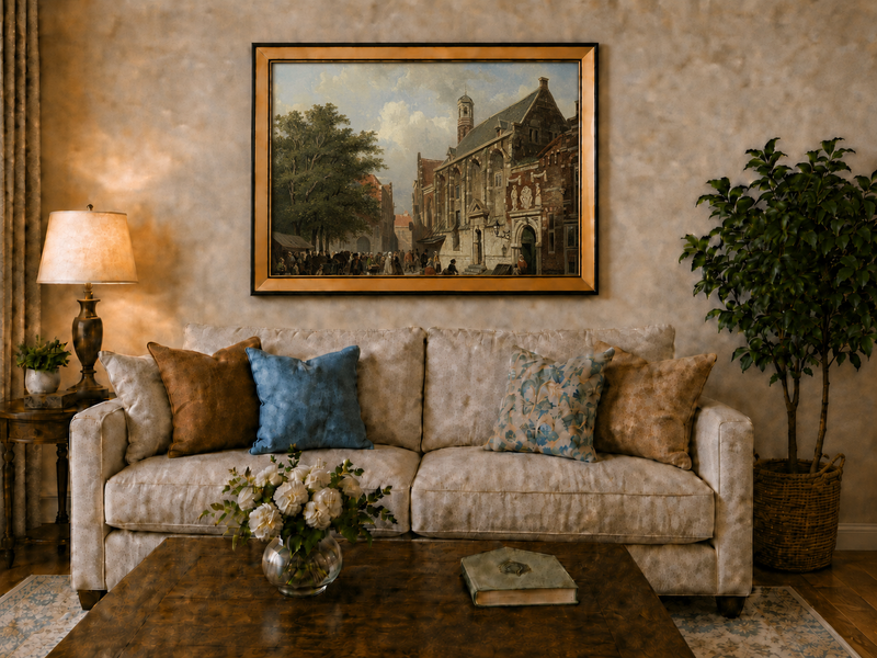 Landscape Oil Painting - Busy Street with Historic Buildings