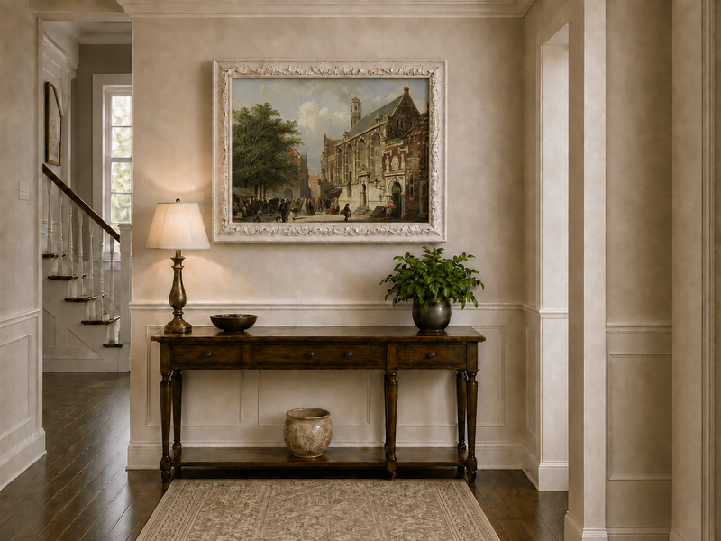 Landscape Oil Painting - Busy Street with Historic Buildings