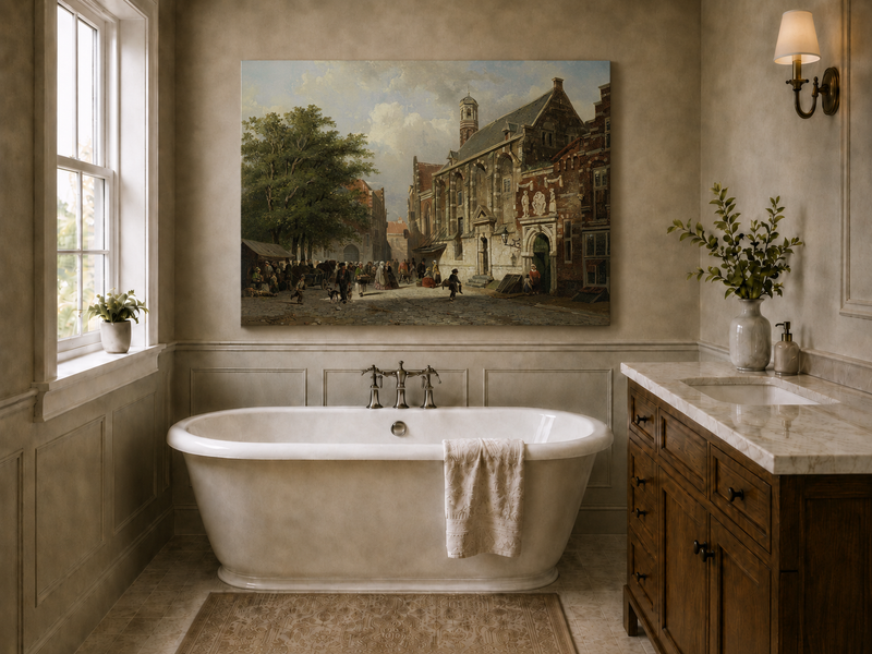Landscape Oil Painting - Busy Street with Historic Buildings