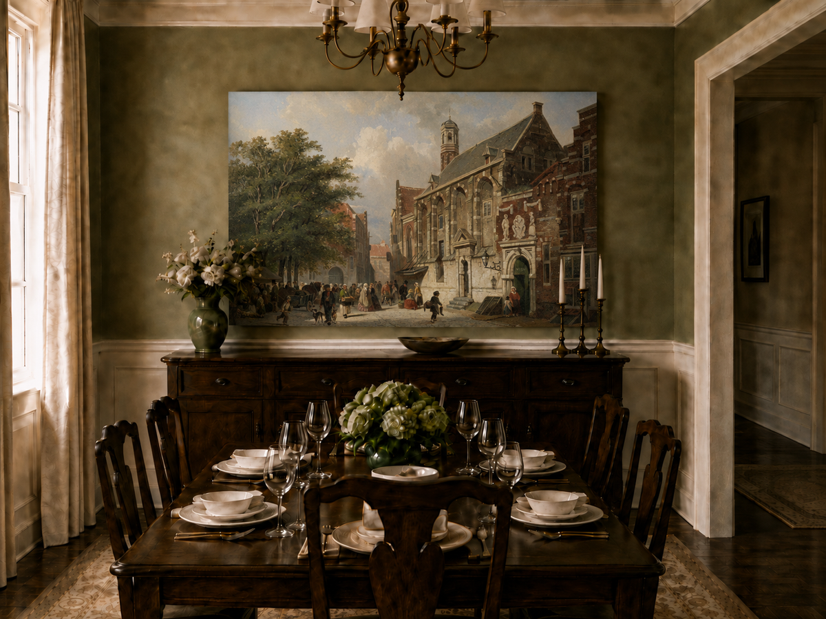 Landscape Oil Painting - Busy Street with Historic Buildings