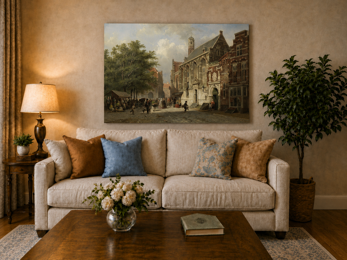 Landscape Oil Painting - Busy Street with Historic Buildings