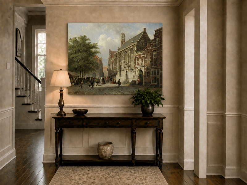 Landscape Oil Painting - Busy Street with Historic Buildings