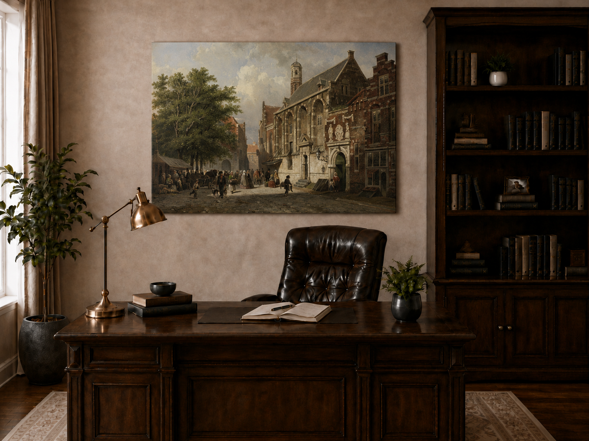 Landscape Oil Painting - Busy Street with Historic Buildings